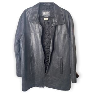Roots “Richard” Leather Car Coat Vintage Black Treated size L Zip Front Y